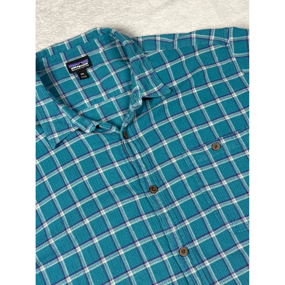 Patagonia Button Down Shirt Mens XXL Teal Plaid Organic Cotton SS 52921
